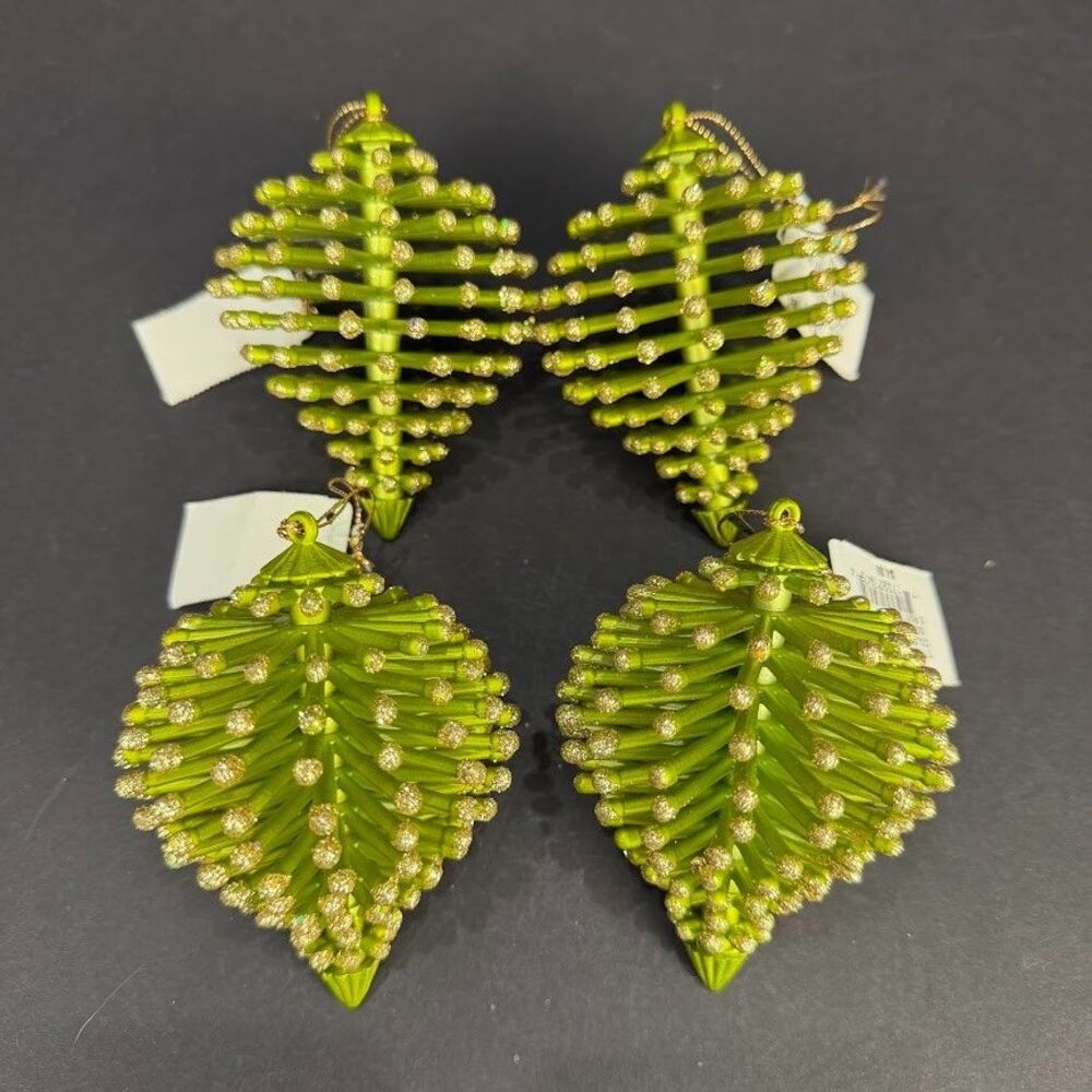 Set of 4 Mid-Century Modern/Atomic Style Green & Gold Modern Pinecone Ornaments